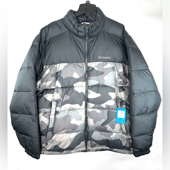 Columbia Pike Lake Men Size XXL Black Camo Puffer Jacket OMNI HEAT